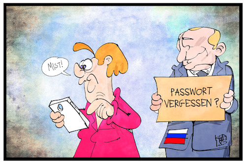 Cartoon: Hackerangriff aus Russland (medium) by Kostas Koufogiorgos tagged karikatur,koufogiorgos,illustration,cartoon,merkel,putin,russland,handy,passwort,hacker,cyber,attacke,angriff,karikatur,koufogiorgos,illustration,cartoon,merkel,putin,russland,handy,passwort,hacker,cyber,attacke,angriff