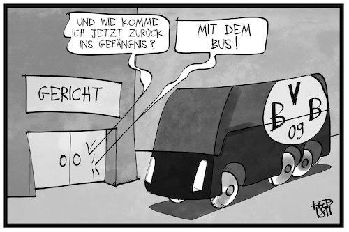 Cartoon: Haftstrafe für BVB-Attentäte (medium) by Kostas Koufogiorgos tagged karikatur,koufogiorgos,illustration,cartoon,bvb,attentat,attentäter,anschlag,bus,mannschaft,fussball,sport,gefängnis,karikatur,koufogiorgos,illustration,cartoon,bvb,attentat,attentäter,anschlag,bus,mannschaft,fussball,sport,gefängnis