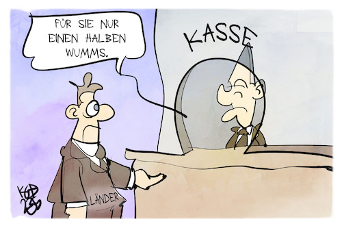 Cartoon: Halber Wumms (medium) by Kostas Koufogiorgos tagged karikatur,koufogiorgos,wumms,scholz,länder,geld,kasse,karikatur,koufogiorgos,wumms,scholz,länder,geld,kasse