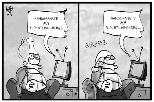 Cartoon: Handgranaten-Anschlag (medium) by Kostas Koufogiorgos tagged karikatur,koufogiorgos,illustration,cartoon,handgranate,fluechtlingsheim,anschlag,michel,schlafen,aufwachen,unterschied,rechtsextremismus,flüchtlingsdebatte,deutscher,fernsehen,nachrichten,karikatur,koufogiorgos,illustration,cartoon,handgranate,fluechtlingsheim,anschlag,michel,schlafen,aufwachen,unterschied,rechtsextremismus,flüchtlingsdebatte,deutscher,fernsehen,nachrichten