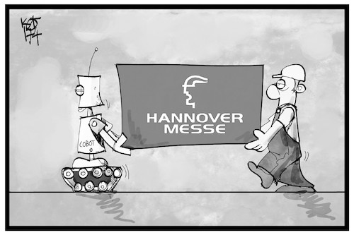 Cartoon: Hannover-Messe (medium) by Kostas Koufogiorgos tagged karikatur,koufogiorgos,illustration,cartoon,hannover,messe,cobot,roboter,arbeit,industrie,ausstellung,wirtschaft,karikatur,koufogiorgos,illustration,cartoon,hannover,messe,cobot,roboter,arbeit,industrie,ausstellung,wirtschaft