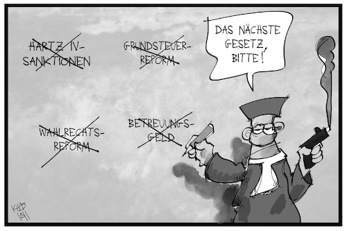 Cartoon: Hartz IV-Sanktionen (medium) by Kostas Koufogiorgos tagged karikatur,koufogiorgos,illustration,cartoon,hartz,iv,sanktion,karlsruhe,verfassungsgericht,urteil,regierung,richter,verfassungsrichter,gesetz,kippen,verfassungswidrig,karikatur,koufogiorgos,illustration,cartoon,hartz,iv,sanktion,karlsruhe,verfassungsgericht,urteil,regierung,richter,verfassungsrichter,gesetz,kippen,verfassungswidrig