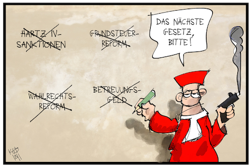 Cartoon: Hartz IV-Sanktionen (medium) by Kostas Koufogiorgos tagged karikatur,koufogiorgos,illustration,cartoon,hartz,iv,sanktion,karlsruhe,verfassungsgericht,urteil,regierung,richter,verfassungsrichter,gesetz,kippen,verfassungswidrig,karikatur,koufogiorgos,illustration,cartoon,hartz,iv,sanktion,karlsruhe,verfassungsgericht,urteil,regierung,richter,verfassungsrichter,gesetz,kippen,verfassungswidrig