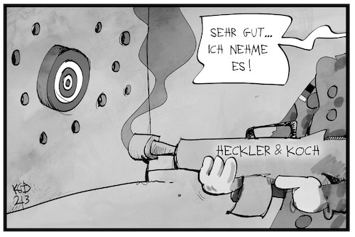 Cartoon: Heckler und  Koch (medium) by Kostas Koufogiorgos tagged karikatur,koufogiorgos,illustration,cartoon,heckler,koch,sturmgewehr,auftrag,bundeswehr,vergabe,militär,soldat,praezision,karikatur,koufogiorgos,illustration,cartoon,heckler,koch,sturmgewehr,auftrag,bundeswehr,vergabe,militär,soldat,praezision