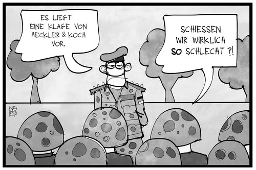 Cartoon: Heckler und Koch (medium) by Kostas Koufogiorgos tagged karikatur,koufogiorgos,illustration,cartoon,heckler,koch,rüstung,rüstungsindustrie,bundeswehr,armee,militär,klage,schiessen,beklagen,feldwebel,soldaten,rüstungskonzern,karikatur,koufogiorgos,illustration,cartoon,heckler,koch,rüstung,rüstungsindustrie,bundeswehr,armee,militär,klage,schiessen,beklagen,feldwebel,soldaten,rüstungskonzern