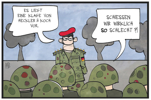 Cartoon: Heckler und Koch (medium) by Kostas Koufogiorgos tagged karikatur,koufogiorgos,illustration,cartoon,heckler,koch,rüstung,rüstungsindustrie,bundeswehr,armee,militär,klage,schiessen,beklagen,feldwebel,soldaten,rüstungskonzern,karikatur,koufogiorgos,illustration,cartoon,heckler,koch,rüstung,rüstungsindustrie,bundeswehr,armee,militär,klage,schiessen,beklagen,feldwebel,soldaten,rüstungskonzern