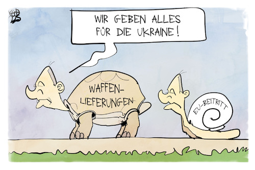 Cartoon: Hilfe für die Ukraine (medium) by Kostas Koufogiorgos tagged karikatur,koufogiorgos,ukraine,scholz,schnecke,langsam,waffen,eu,karikatur,koufogiorgos,ukraine,scholz,schnecke,langsam,waffen,eu