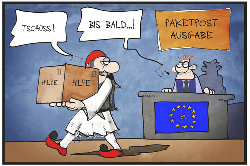 Cartoon: Hilfspaket (medium) by Kostas Koufogiorgos tagged karikatur,koufogiorgos,cartoon,illustration,griechenland,tracht,traditionell,post,paket,hilfspaket,hilfe,eu,europa,euro,abholung,ausgabe,politik,karikatur,koufogiorgos,cartoon,illustration,griechenland,tracht,traditionell,post,paket,hilfspaket,hilfe,eu,europa,euro,abholung,ausgabe,politik