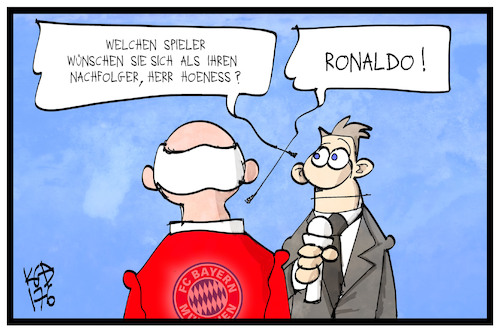 Cartoon: Hoeneß und Ronaldo (medium) by Kostas Koufogiorgos tagged karikatur,koufogiorgos,illustration,cartoon,ronaldo,hoeness,bayern,fussball,sport,reporter,journalist,interview,steuerhinterziehung,nachfolger,karikatur,koufogiorgos,illustration,cartoon,ronaldo,hoeness,bayern,fussball,sport,reporter,journalist,interview,steuerhinterziehung,nachfolger