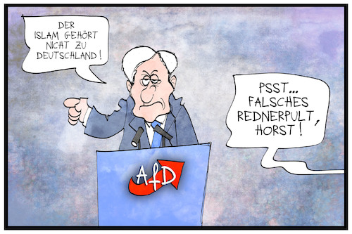 Cartoon: Horst Seehofer (medium) by Kostas Koufogiorgos tagged karikatur,koufogiorgos,illustration,cartoon,seehofer,afd,csu,innenminister,heimatminister,podium,rednerpult,islam,populismus,religion,kontroverse,karikatur,koufogiorgos,illustration,cartoon,seehofer,afd,csu,innenminister,heimatminister,podium,rednerpult,islam,populismus,religion,kontroverse