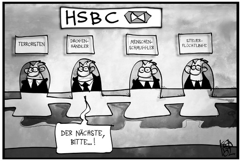 Cartoon: HSBC-Kundschaft (medium) by Kostas Koufogiorgos tagged karikatur,koufogiorgos,illustration,cartoon,bank,schalter,banker,kunden,kriminalität,korruption,steuerhinterziehung,wirtschaft,karikatur,koufogiorgos,illustration,cartoon,bank,schalter,banker,kunden,kriminalität,korruption,steuerhinterziehung,wirtschaft