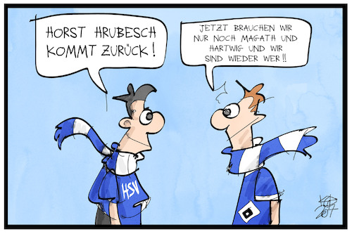 Cartoon: HSV holt Hrubesch (medium) by Kostas Koufogiorgos tagged karikatur,koufogiorgos,illustration,cartoon,hsv,fussball,verein,hrubesch,hartwig,magath,sport,geschichte,karikatur,koufogiorgos,illustration,cartoon,hsv,fussball,verein,hrubesch,hartwig,magath,sport,geschichte