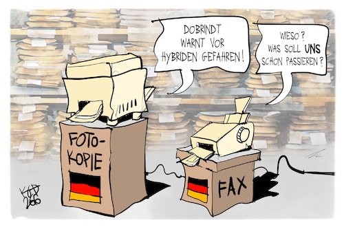 Cartoon: Hybride Gefahren (medium) by Kostas Koufogiorgos tagged karikatur,koufogiorgos,hybrid,gefahr,analog,fax,kopierer,dobrindt,karikatur,koufogiorgos,hybrid,gefahr,analog,fax,kopierer,dobrindt
