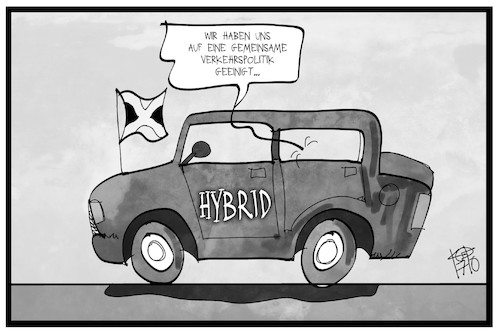 Cartoon: Hybride Verkehrspolitik (medium) by Kostas Koufogiorgos tagged karikatur,koufogiorgos,illustration,cartoon,hybrid,verkehrspolitik,auto,jamaika,einigung,sondierung,koalition,gruene,fdp,union,cdu,csu,karikatur,koufogiorgos,illustration,cartoon,hybrid,verkehrspolitik,auto,jamaika,einigung,sondierung,koalition,gruene,fdp,union,cdu,csu