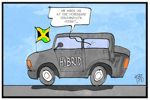 Cartoon: Hybride Verkehrspolitik (medium) by Kostas Koufogiorgos tagged karikatur,koufogiorgos,illustration,cartoon,hybrid,verkehrspolitik,auto,jamaika,einigung,sondierung,koalition,gruene,fdp,union,cdu,csu,karikatur,koufogiorgos,illustration,cartoon,hybrid,verkehrspolitik,auto,jamaika,einigung,sondierung,koalition,gruene,fdp,union,cdu,csu