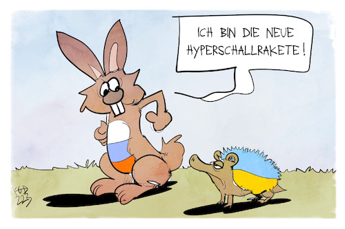 Cartoon: Hyperschallrakete (medium) by Kostas Koufogiorgos tagged koufogiorgos,karikatur,hyperschallrakete,kinschal,hase,igel,fabel,russland,krieg,ukraine,koufogiorgos,karikatur,hyperschallrakete,kinschal,hase,igel,fabel,russland,krieg,ukraine