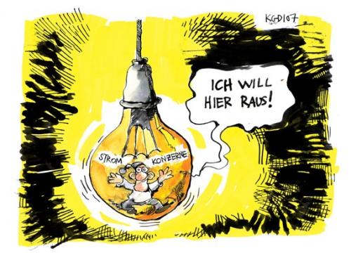 Cartoon: Ich will hier raus (medium) by Kostas Koufogiorgos tagged strom,energie,wirtschaft,strom,energie,wirtschaft,glühbirne,gefangen,gefangener,ausweg,auswegslos,licht,konzern,konzerne,bewag,yellow,eon,preispolitik,abzocke,überteuert,teuer,monopol