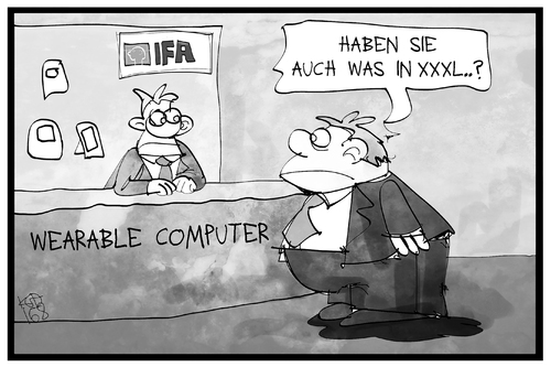 Cartoon: IFA-Trend (medium) by Kostas Koufogiorgos tagged karikatur,koufogiorgos,illustration,cartoon,ifa,funkausstellung,berlin,trend,wearables,computer,kunde,verkäufer,elektronik,it,übergewicht,xxxl,sport,karikatur,koufogiorgos,illustration,cartoon,ifa,funkausstellung,berlin,trend,wearables,computer,kunde,verkäufer,elektronik,it,übergewicht,xxxl,sport