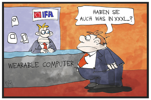 Cartoon: IFA-Trend (medium) by Kostas Koufogiorgos tagged karikatur,koufogiorgos,illustration,cartoon,ifa,funkausstellung,berlin,trend,wearables,computer,kunde,verkäufer,elektronik,it,übergewicht,xxxl,sport,karikatur,koufogiorgos,illustration,cartoon,ifa,funkausstellung,berlin,trend,wearables,computer,kunde,verkäufer,elektronik,it,übergewicht,xxxl,sport