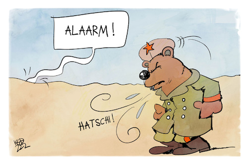 Cartoon: In Alarmbereitschaft (medium) by Kostas Koufogiorgos tagged karikatur,koufogiorgos,illustration,cartoon,krieg,ukraine,russland,bär,konflikt,krise,niesen,hatschi,alarm,karikatur,koufogiorgos,illustration,cartoon,krieg,ukraine,russland,bär,konflikt,krise,niesen,hatschi,alarm