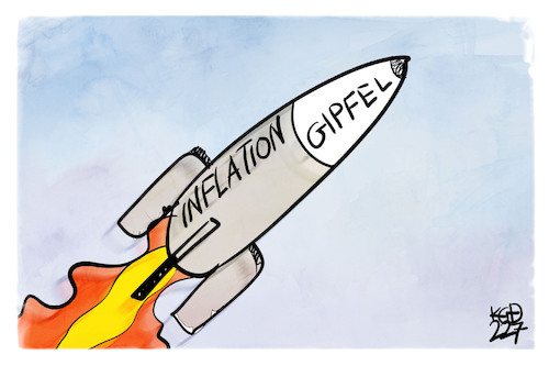 Cartoon: Inflationsgipfel (medium) by Kostas Koufogiorgos tagged karikatur,koufogiorgos,inflation,gipfel,rakete,teuerung,geld,wirtschaft,karikatur,koufogiorgos,inflation,gipfel,rakete,teuerung,geld,wirtschaft