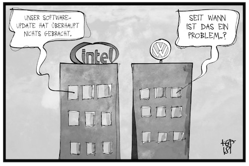 Cartoon: Intel-Update (medium) by Kostas Koufogiorgos tagged karikatur,koufogiorgos,illustration,cartoon,intel,vw,wirtschaft,update,sicherheit,computer,chips,nachrüstung,fehler,mangelhaft,dieselgate,betrug,software,karikatur,koufogiorgos,illustration,cartoon,intel,vw,wirtschaft,update,sicherheit,computer,chips,nachrüstung,fehler,mangelhaft,dieselgate,betrug,software