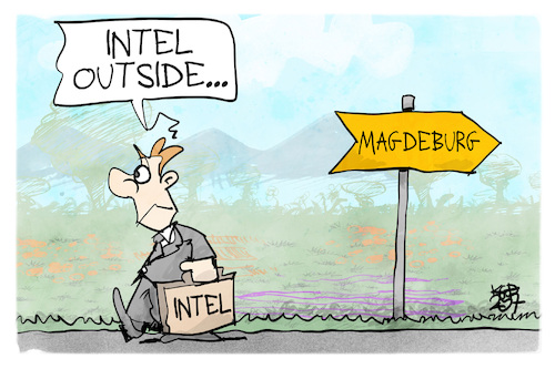 Cartoon: Intel outside (medium) by Kostas Koufogiorgos tagged karikatur,koufogiorgos,intel,magdeburg,chip,fabrik,ausstieg,karikatur,koufogiorgos,intel,magdeburg,chip,fabrik,ausstieg