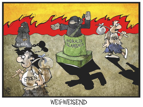 Cartoon: Islamismus (medium) by Kostas Koufogiorgos tagged karikatur,koufogiorgos,cartoon,illustration,irak,syrien,nigeria,wegweiser,wegweisend,extremismus,flüchtling,islamismus,terrorismus,radikal,nahost,afrika,politik,karikatur,koufogiorgos,cartoon,illustration,irak,syrien,nigeria,wegweiser,wegweisend,extremismus,flüchtling,islamismus,terrorismus,radikal,nahost,afrika,politik