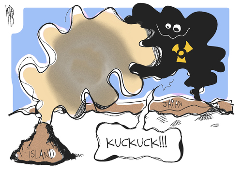 Cartoon: Island und Japan (medium) by Kostas Koufogiorgos tagged fukushima,akw,atomkraft,japan,kernschmelze,radioaktivitaet,asche,wolke,island,vulkan,umwelt