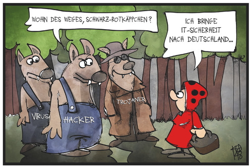 Cartoon: IT-Sicherheit (medium) by Kostas Koufogiorgos tagged karikatur,koufogiorgos,illustration,cartoon,it,sicherheit,gesetz,schwarz,rotkäppchen,wolf,märchen,grimm,hacker,trojaner,virus,internet,regierung,cdu,spd,karikatur,koufogiorgos,illustration,cartoon,it,sicherheit,gesetz,schwarz,rotkäppchen,wolf,märchen,grimm,hacker,trojaner,virus,internet,regierung,cdu,spd