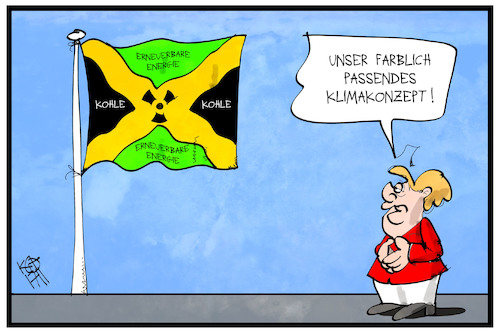 Cartoon: Jamaika-Klimaziele (medium) by Kostas Koufogiorgos tagged karikatur,koufogiorgos,illustration,cartoon,jamaika,fahne,farben,grün,gelb,schwarz,kohle,energie,erneuerbar,ökologie,atom,strom,merkel,sondierung,karikatur,koufogiorgos,illustration,cartoon,jamaika,fahne,farben,grün,gelb,schwarz,kohle,energie,erneuerbar,ökologie,atom,strom,merkel,sondierung