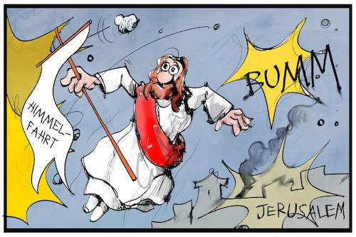 Cartoon: Jerusalem (medium) by Kostas Koufogiorgos tagged karikatur,koufogiorgos,illustration,cartoon,jesus,christi,himmelfahrt,jerusalem,christentum,nahost,konflikt,krieg,israel,palästina,karikatur,koufogiorgos,illustration,cartoon,jesus,christi,himmelfahrt,jerusalem,christentum,nahost,konflikt,krieg,israel,palästina