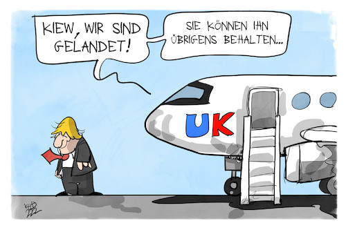 Cartoon: Johnson in Kiew (medium) by Kostas Koufogiorgos tagged karikatur,koufogiorgos,illustration,cartoon,johnson,kiew,diplomatie,flugzeug,uk,karikatur,koufogiorgos,illustration,cartoon,johnson,kiew,diplomatie,flugzeug,uk