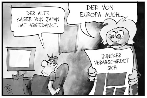 Cartoon: Juncker dankt ab (medium) by Kostas Koufogiorgos tagged karikatur,koufogiorgos,illustration,cartoon,juncker,kaiser,europa,japan,naruhito,eu,kommissionspräsident,zeitung,nachrichten,karikatur,koufogiorgos,illustration,cartoon,juncker,kaiser,europa,japan,naruhito,eu,kommissionspräsident,zeitung,nachrichten