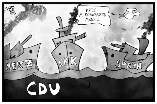 Cartoon: Kampf um den CDU-Vorsitz (medium) by Kostas Koufogiorgos tagged karikatur,koufogiorgos,illustration,cartoon,cdu,merz,akk,spahn,schiff,meer,schwarz,partei,vorsitz,kriegsschiff,karikatur,koufogiorgos,illustration,cartoon,cdu,merz,akk,spahn,schiff,meer,schwarz,partei,vorsitz,kriegsschiff