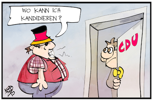 Cartoon: Kandidieren für die CDU (medium) by Kostas Koufogiorgos tagged karikatur,koufogiorgos,illustration,cartoon,cdu,hutbürger,nominierung,kandidieren,bundestag,karikatur,koufogiorgos,illustration,cartoon,cdu,hutbürger,nominierung,kandidieren,bundestag