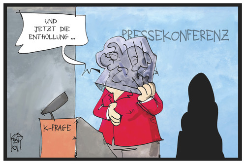 Cartoon: Kanzlerkandidatur (medium) by Kostas Koufogiorgos tagged karikatur,koufogiorgos,illustration,cartoon,kanzlerkandidatur,kfrage,bundeskanzlerin,cdu,pressekonferenz,schleier,enthüllung,bekanntgabe,politik,karikatur,koufogiorgos,illustration,cartoon,kanzlerkandidatur,kfrage,bundeskanzlerin,cdu,pressekonferenz,schleier,enthüllung,bekanntgabe,politik