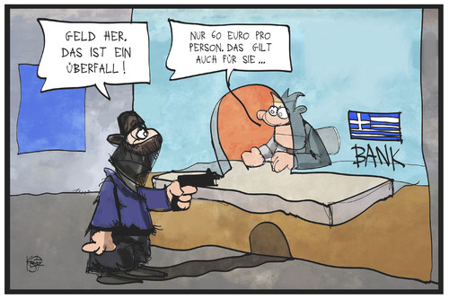 Cartoon: Kapitalverkehrskontrollen (medium) by Kostas Koufogiorgos tagged karikatur,koufogiorgos,illustration,cartoon,griechenland,bank,banküberfall,kapitalverkehrskontrolle,kriminalität,geld,dieb,stehlen,karikatur,koufogiorgos,illustration,cartoon,griechenland,bank,banküberfall,kapitalverkehrskontrolle,kriminalität,geld,dieb,stehlen