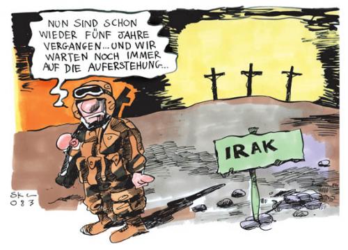 Cartoon: Karfreitag (medium) by Kostas Koufogiorgos tagged irak,usa,karfreitag,kostas,koufogiorgos,,irak,usa,karfreitag,kostas,koufogiorgos,außenpolitik,tote,mord,krieg,öl,george,bush,jahre,vergangen,auferstehung,demokratie,versprechen,weltsicherheit,saddam,hussein,diktatur,hoffnung,kreuzigung,kreuze,religion,jesus,kirche,christentum,islam,muslime,gott,muhammed,allah,soldat,troop,waffen,bibel,kuran,glaube,george bush