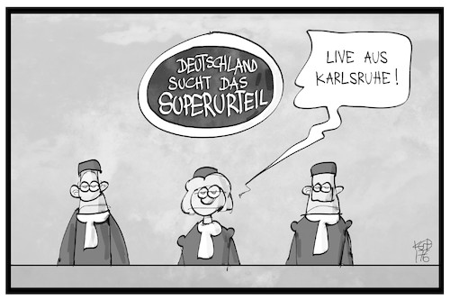 Cartoon: Karlsruhe live (medium) by Kostas Koufogiorgos tagged karikatur,koufogiorgos,illustration,cartoon,gericht,urteil,fernsehen,kamera,tv,bundesgericht,übertragung,live,medien,karlsruhe,casting,show,karikatur,koufogiorgos,illustration,cartoon,gericht,urteil,fernsehen,kamera,tv,bundesgericht,übertragung,live,medien,karlsruhe,casting,show