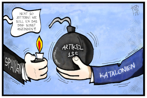 Cartoon: Katalonien-Konflikt (medium) by Kostas Koufogiorgos tagged karikatur,koufogiorgos,illustration,cartoon,katalonien,spanien,abspaltung,konflikt,separatismus,artikel,155,eu,europa,bombe,explosiv,rajoy,puigdemont,karikatur,koufogiorgos,illustration,cartoon,katalonien,spanien,abspaltung,konflikt,separatismus,artikel,155,eu,europa,bombe,explosiv,rajoy,puigdemont