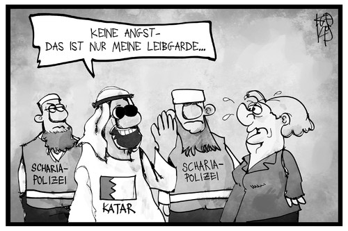 Cartoon: Katar (medium) by Kostas Koufogiorgos tagged karikatur,koufogiorgos,illustration,cartoon,scharia,polizei,leibgarde,salafisten,terrorismus,katar,merkel,staatsbesuch,politik,diplomatie,scheich,karikatur,koufogiorgos,illustration,cartoon,scharia,polizei,leibgarde,salafisten,terrorismus,katar,merkel,staatsbesuch,politik,diplomatie,scheich