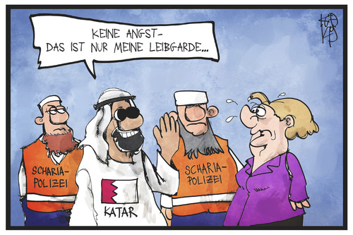 Cartoon: Katar (medium) by Kostas Koufogiorgos tagged karikatur,koufogiorgos,illustration,cartoon,scharia,polizei,leibgarde,salafisten,terrorismus,katar,merkel,staatsbesuch,politik,diplomatie,scheich,karikatur,koufogiorgos,illustration,cartoon,scharia,polizei,leibgarde,salafisten,terrorismus,katar,merkel,staatsbesuch,politik,diplomatie,scheich