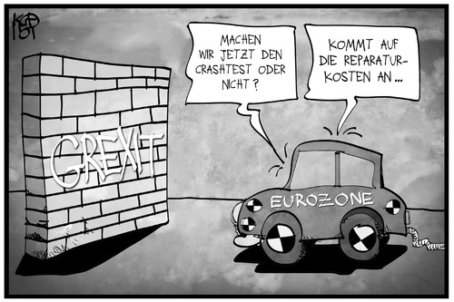 Cartoon: GREXIT (medium) by Kostas Koufogiorgos tagged wirtschaft,griechenland,austritt,euro,eurozone,eu,europa,reparatur,rechnung,auto,test,crash,mauer,grexit,cartoon,illustration,koufogiorgos,karikatur,politik,risiko,karikatur,koufogiorgos,illustration,cartoon,köln,dom,kirche,dunkelheit,kögida,protest,demonstration,kommune,finanznot,geld,wirtschaft,politik