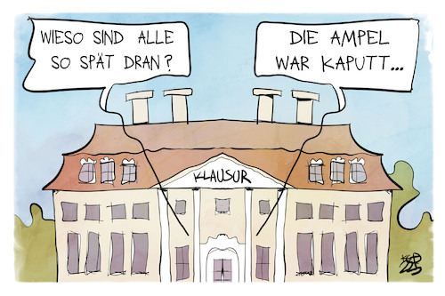 Cartoon: Klausurtagung in Meseberg (medium) by Kostas Koufogiorgos tagged karikatur,koufogiorgos,klausur,meseberg,ampel,regierung,verspätung,karikatur,koufogiorgos,klausur,meseberg,ampel,regierung,verspätung