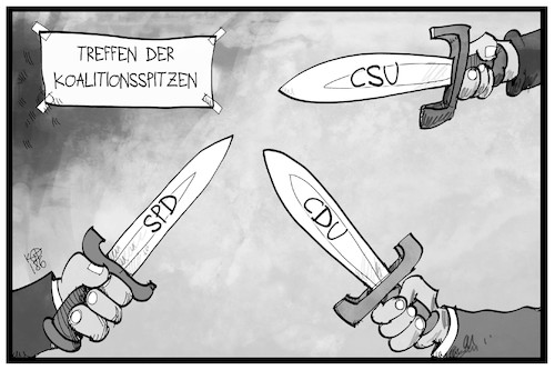 Cartoon: Koalitionsspitzentreffen (medium) by Kostas Koufogiorgos tagged karikatur,koufogiorgos,illustration,cartoon,koalition,treffen,spitzentreffen,spd,cdu,csu,kampf,schwert,streit,asylstreit,politik,karikatur,koufogiorgos,illustration,cartoon,koalition,treffen,spitzentreffen,spd,cdu,csu,kampf,schwert,streit,asylstreit,politik