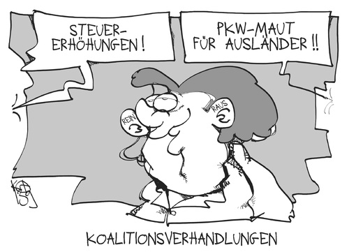 Cartoon: Koalitionsverhandlungen (medium) by Kostas Koufogiorgos tagged koalitionsberhandlungen,merkel,steuererhöhungen,maut,kompromiss,regierung,karikatur,koufogiorgos,koalitionsberhandlungen,merkel,steuererhöhungen,maut,kompromiss,regierung,karikatur,koufogiorgos