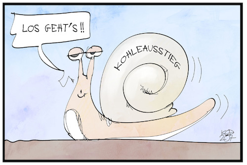 Cartoon: Kohleausstieg (medium) by Kostas Koufogiorgos tagged karikatur,koufogiorgos,illustration,cartoon,kohle,ausstieg,schnecke,langsam,gesetz,energie,klima,klimaschutz,umwelt,emissionen,verschmutzung,energiewende,karikatur,koufogiorgos,illustration,cartoon,kohle,ausstieg,schnecke,langsam,gesetz,energie,klima,klimaschutz,umwelt,emissionen,verschmutzung,energiewende