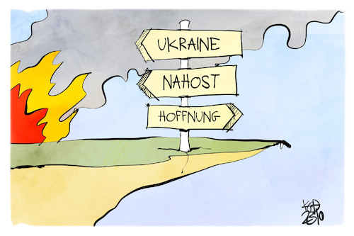 Cartoon: Konflikte (medium) by Kostas Koufogiorgos tagged karikatur,koufogiorgos,ukraine,nahost,hoffnung,abgrund,richtung,karikatur,koufogiorgos,ukraine,nahost,hoffnung,abgrund,richtung