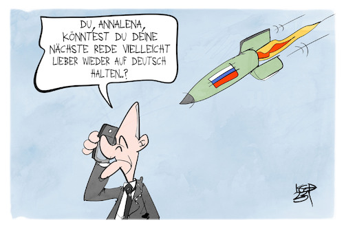 Cartoon: Kriegserklärung (medium) by Kostas Koufogiorgos tagged karikatur,koufogiorgos,kriegserklärung,baerbock,russland,scholz,karikatur,koufogiorgos,kriegserklärung,baerbock,russland,scholz